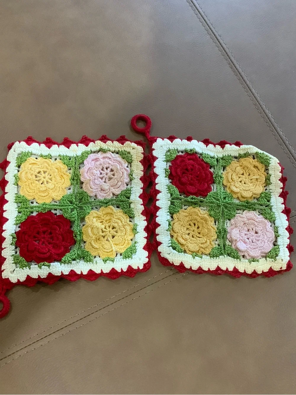 PAIR Handmade Crochet Floral Pot Holders - Red, Yellow, Pink, Green